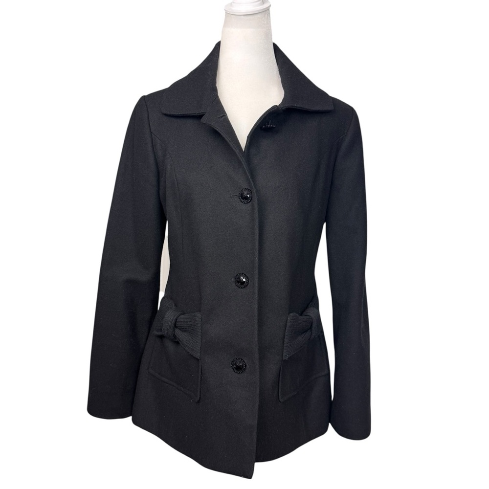 Betsey Johnson Black Wool Blend Button Up Coat Knit Bow Pockets Size Medium Est